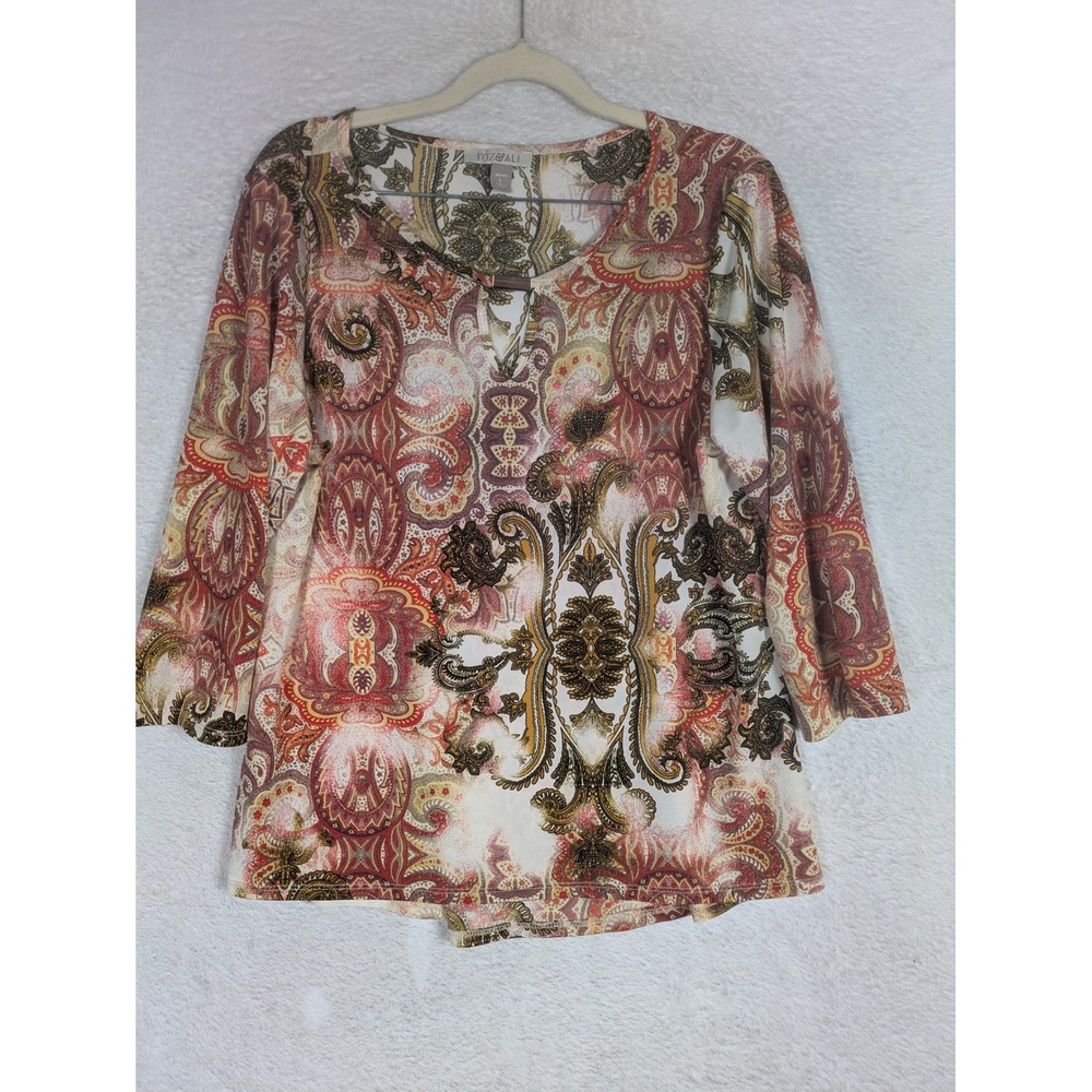 Roz & Ali Blouse Women's Petite L Multicolor Paisley Keyhole 3/4 Sleeve Spandex